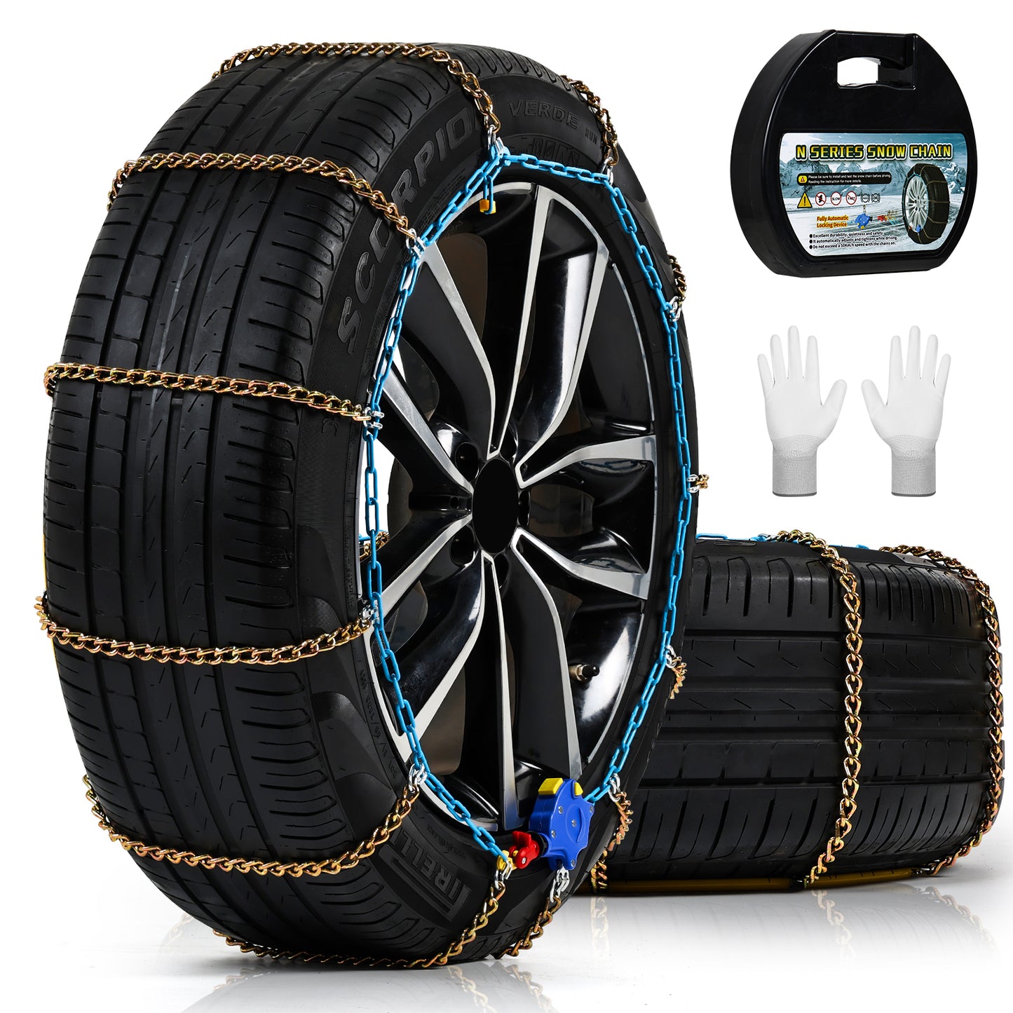 Auto Tightening Snow Chains for Cars, SUVs & Pickup Trucks – 1-Min Quick-Fit Auto Installation, Reusable Universal Emergency Traction Tire Chains – Set of 2