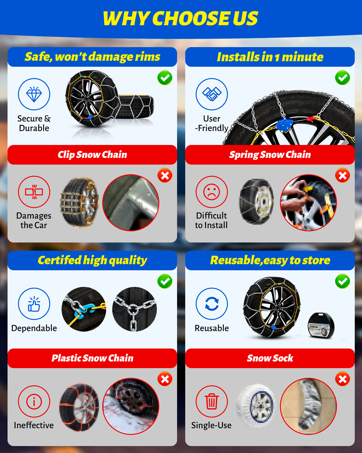 Auto Tightening Snow Chains Tire Chains For Cars Suv Pickup Trucks - Auto Tightening 1 Min Quick Fit AND Easy Installation, Reusable Universal Emergency Traction Snow Chains - Set of 2