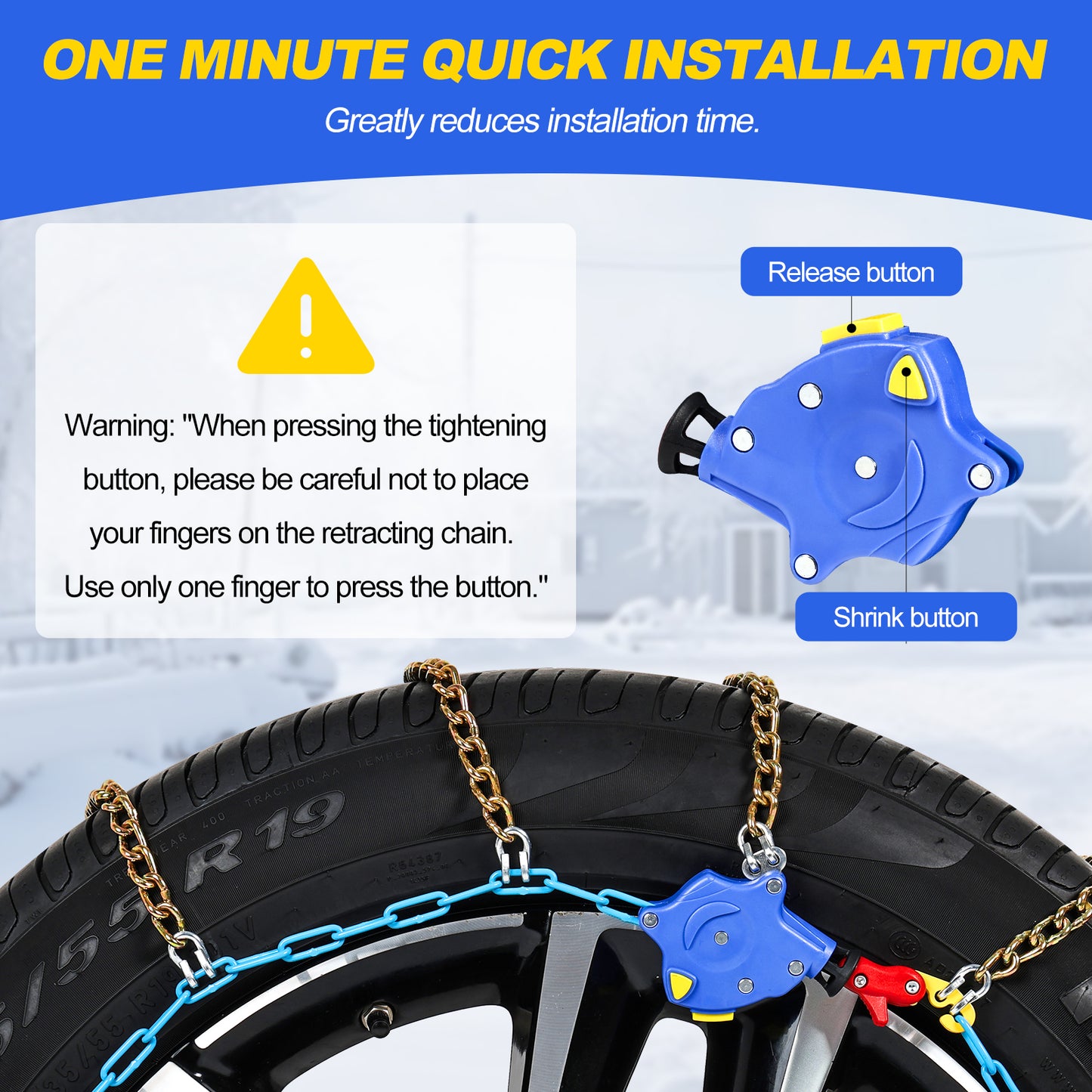 Auto Tightening Snow Chains for Cars, SUVs & Pickup Trucks – 1-Min Quick-Fit Auto Installation, Reusable Universal Emergency Traction Tire Chains – Set of 2