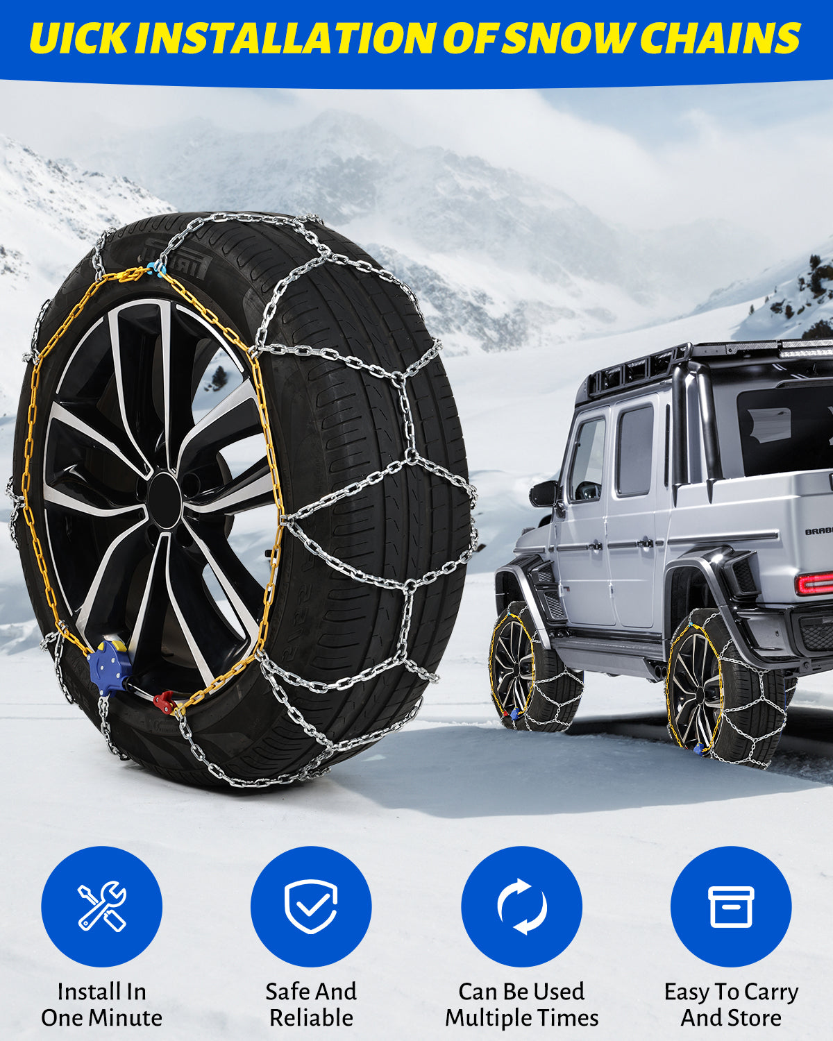 Auto Tightening Snow Chains Tire Chains For Cars Suv Pickup Trucks - Auto Tightening 1 Min Quick Fit AND Easy Installation, Reusable Universal Emergency Traction Snow Chains - Set of 2