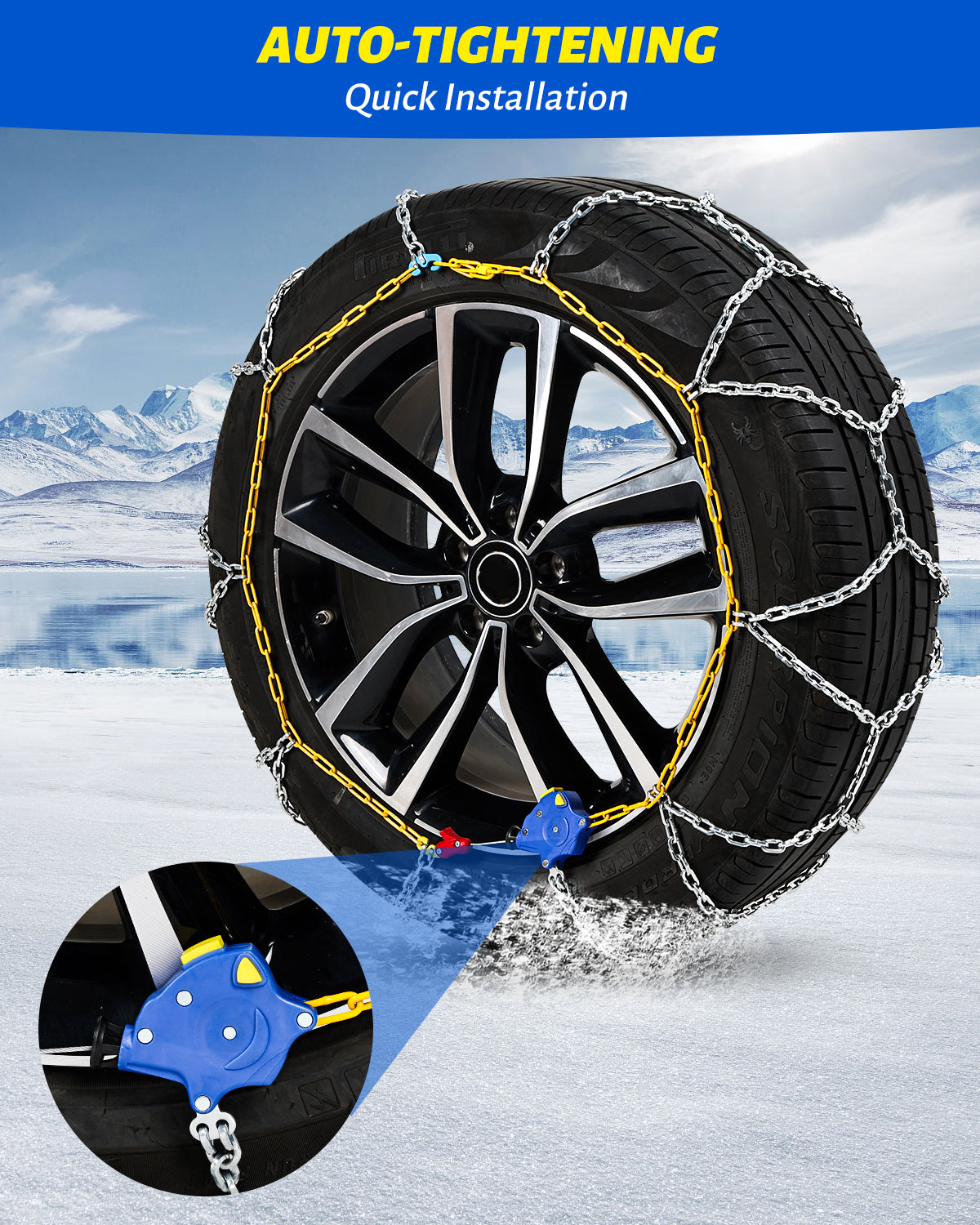 Auto Tightening Snow Chains Tire Chains For Cars Suv Pickup Trucks - Auto Tightening 1 Min Quick Fit AND Easy Installation, Reusable Universal Emergency Traction Snow Chains - Set of 2