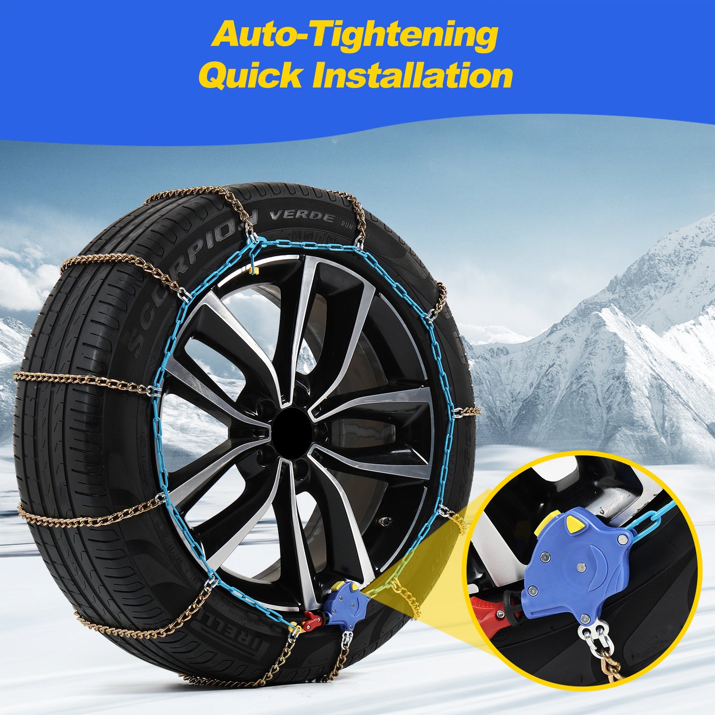 Auto Tightening Snow Chains for Cars, SUVs & Pickup Trucks – 1-Min Quick-Fit Auto Installation, Reusable Universal Emergency Traction Tire Chains – Set of 2