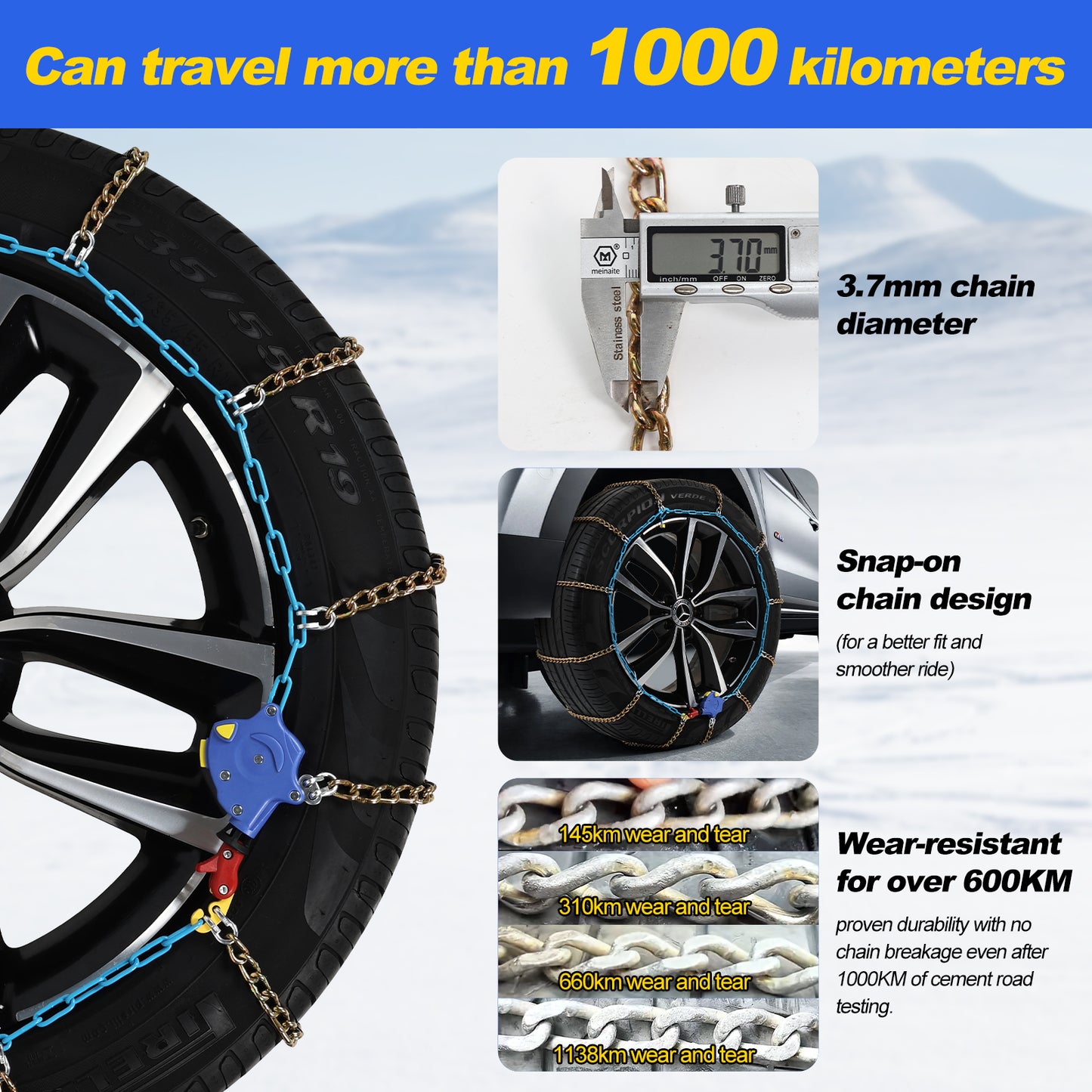 Auto Tightening Snow Chains for Cars, SUVs & Pickup Trucks – 1-Min Quick-Fit Auto Installation, Reusable Universal Emergency Traction Tire Chains – Set of 2